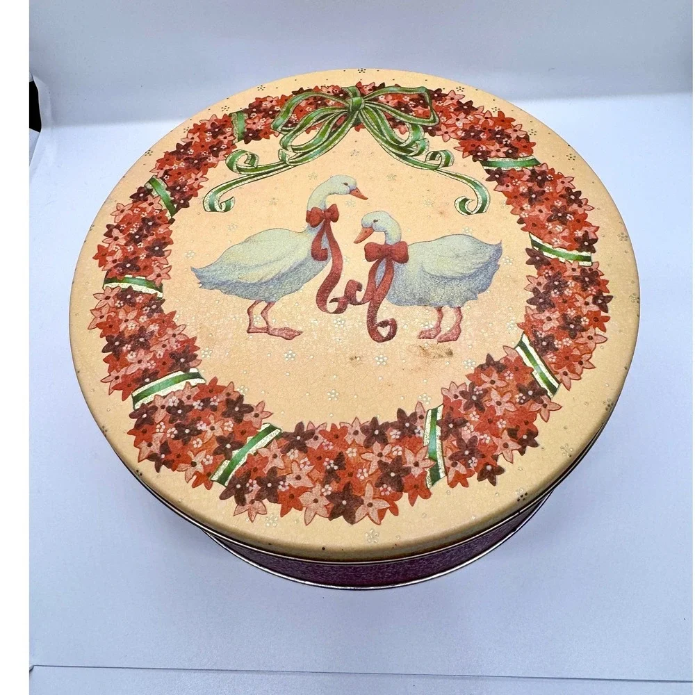 Vintage Goose Floral Tin Round Metal Cookie‎ Canister Red Cream Cottagecore 8in